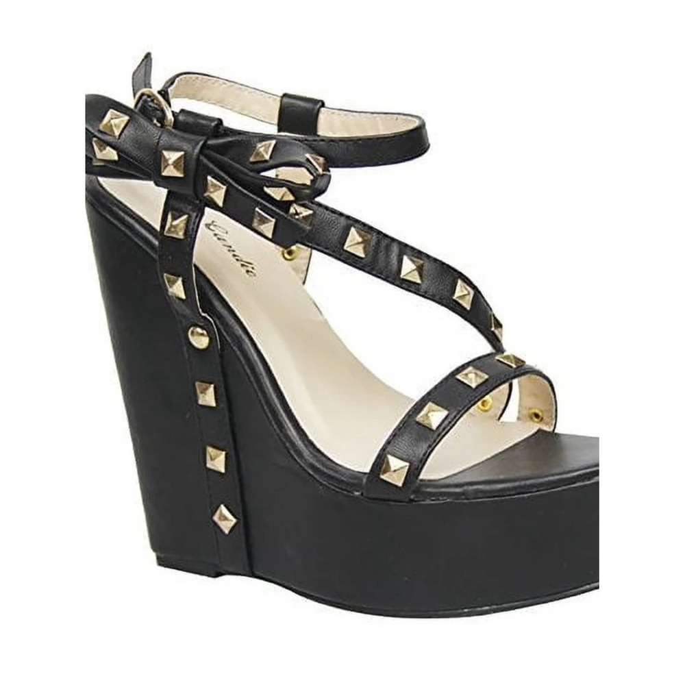 Eye Candy Black Studded Platform Wedge Sandals Gold Studs Bow Punk Y2K‎ Womens 6 - Picture 5 of 6